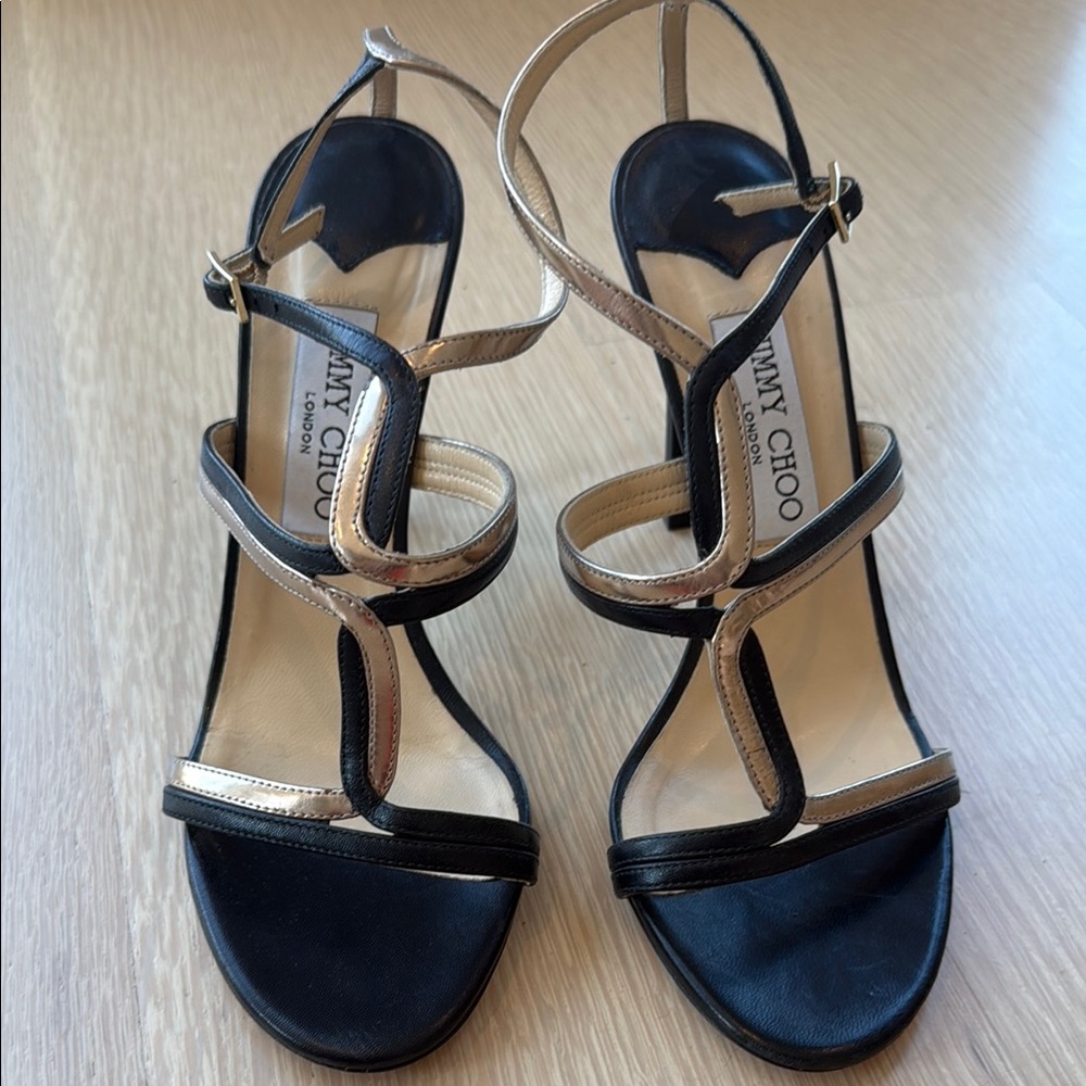 Jimmy Choo Black and Gold Heels Strappy Elegance
